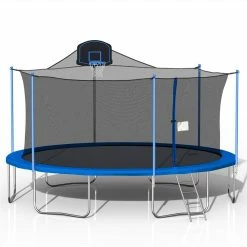 16FT Trampoline For Kids With 360-degree Safety Net, Ladder And Basketball Hook - Blue