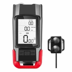 3-in-1 Bicycle Speedometer Wireless USB Rechargeable Double T6 LED Bike Light Bike Computer With Alarm Horn - Red
