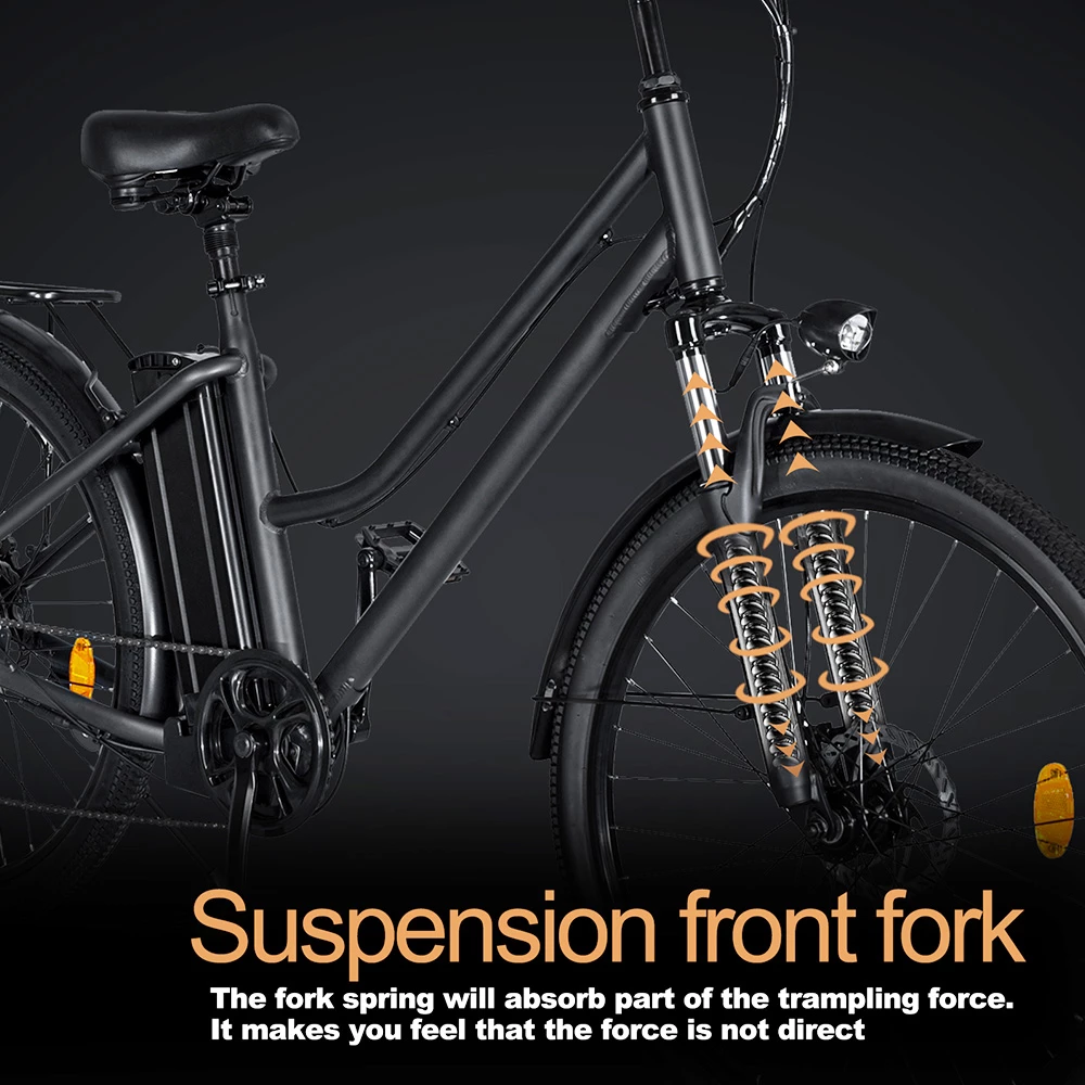 BK1 Electric Bike 36V 350W Motor 10Ah Battery Shimano 7 Speed Gear Front Suspension And Dual Disc Brakes - Black 4 BK1 Electric Bike 36V 350W Motor 10Ah Battery Shimano 7 Speed Gear Front Suspension And Dual Disc Brakes - Black - Image 4
