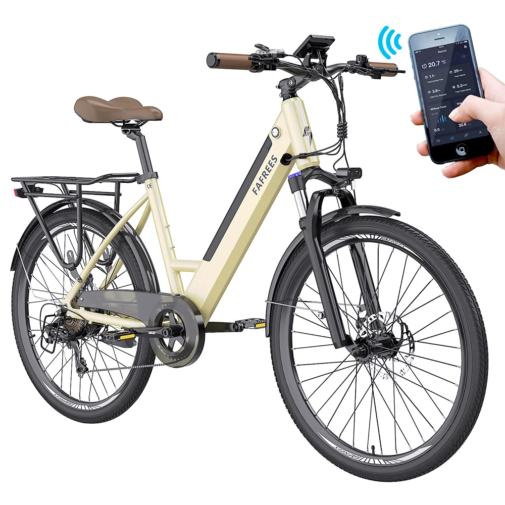 FAFREES F26 Pro City E-Bike 26 Inch Step-through Electric Bicycle 25Km/h 250W Motor 36V 10Ah Embedded Removable Battery Shimano 7 Speed Dual Disc Brakes APP Connect - Golden 1 FAFREES F26 Pro City E-Bike 26 Inch Step-through Electric Bicycle 25Km/h 250W Motor 36V 10Ah Embedded Removable Battery Shimano 7 Speed Dual Disc Brakes APP Connect - Golden