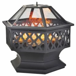 Fire Pit With Grill Grate, Fire Bowl With Spark Guard Pit For BBQ, Heating, Garden, Patio - Black