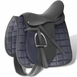 Horse Riding Saddle Set 17.5" Real Leather Black 18 Cm 5-in-1