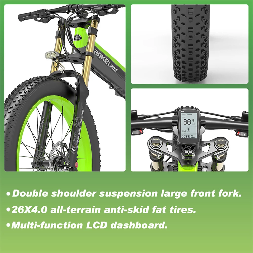 LANKELEISI T750 Plus Big Fork Electric Bike 26*4.0 Inch Fat Tire 1000W Motor 40Km/h Max Speed 48V 17.5Ah Battery 100KM Range Shimano 27-Speed 180KG Max Load - Green 3 LANKELEISI T750 Plus Big Fork Electric Bike 26*4.0 Inch Fat Tire 1000W Motor 40Km/h Max Speed 48V 17.5Ah Battery 100KM Range Shimano 27-Speed 180KG Max Load - Green - Image 3