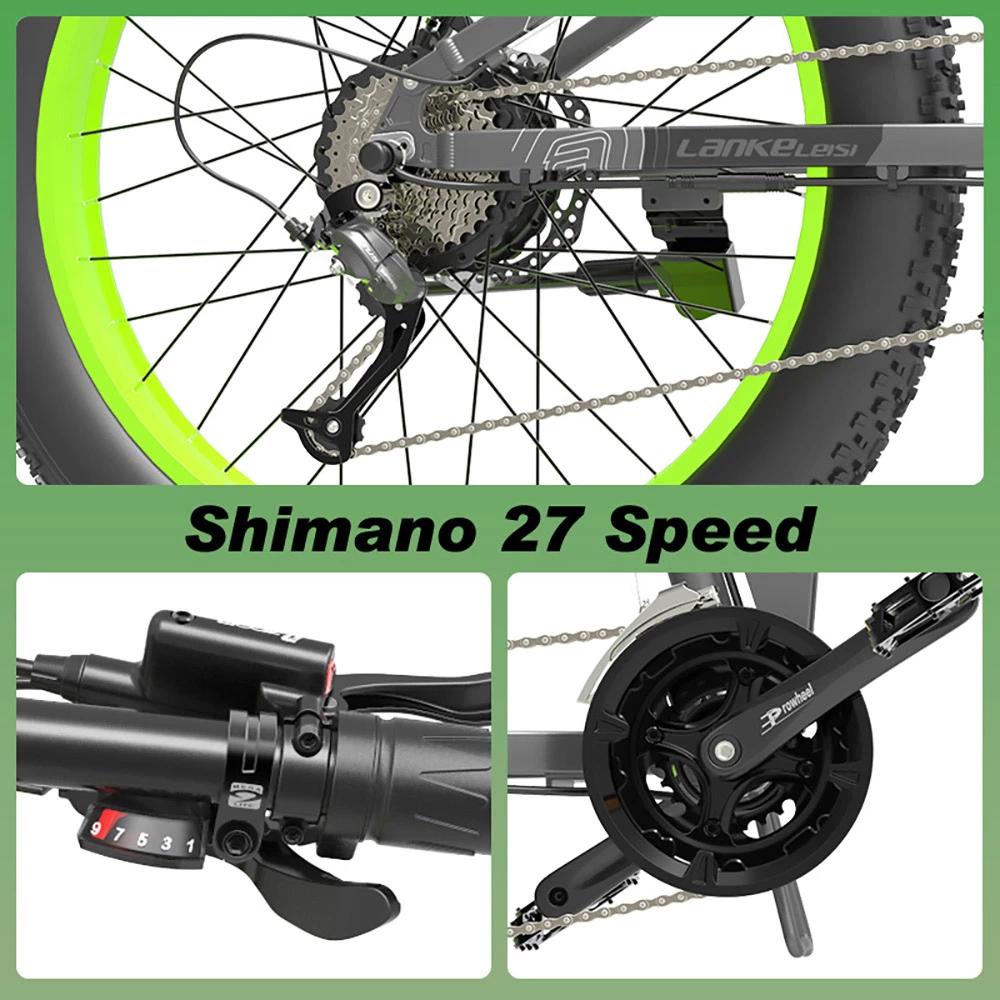 LANKELEISI T750 Plus Big Fork Electric Bike 26*4.0 Inch Fat Tire 1000W Motor 40Km/h Max Speed 48V 17.5Ah Battery 100KM Range Shimano 27-Speed 180KG Max Load - Green 4 LANKELEISI T750 Plus Big Fork Electric Bike 26*4.0 Inch Fat Tire 1000W Motor 40Km/h Max Speed 48V 17.5Ah Battery 100KM Range Shimano 27-Speed 180KG Max Load - Green - Image 4