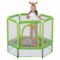 55" Toddlers Trampoline With Safety Enclosure Net And Ocean Balls, Indoor Outdoor Mini Trampoline For Kids - Green