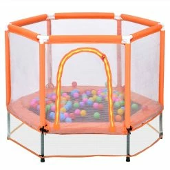 55" Toddlers Trampoline With Safety Enclosure Net And Ocean Balls, Indoor Outdoor Mini Trampoline For Kids - Orange