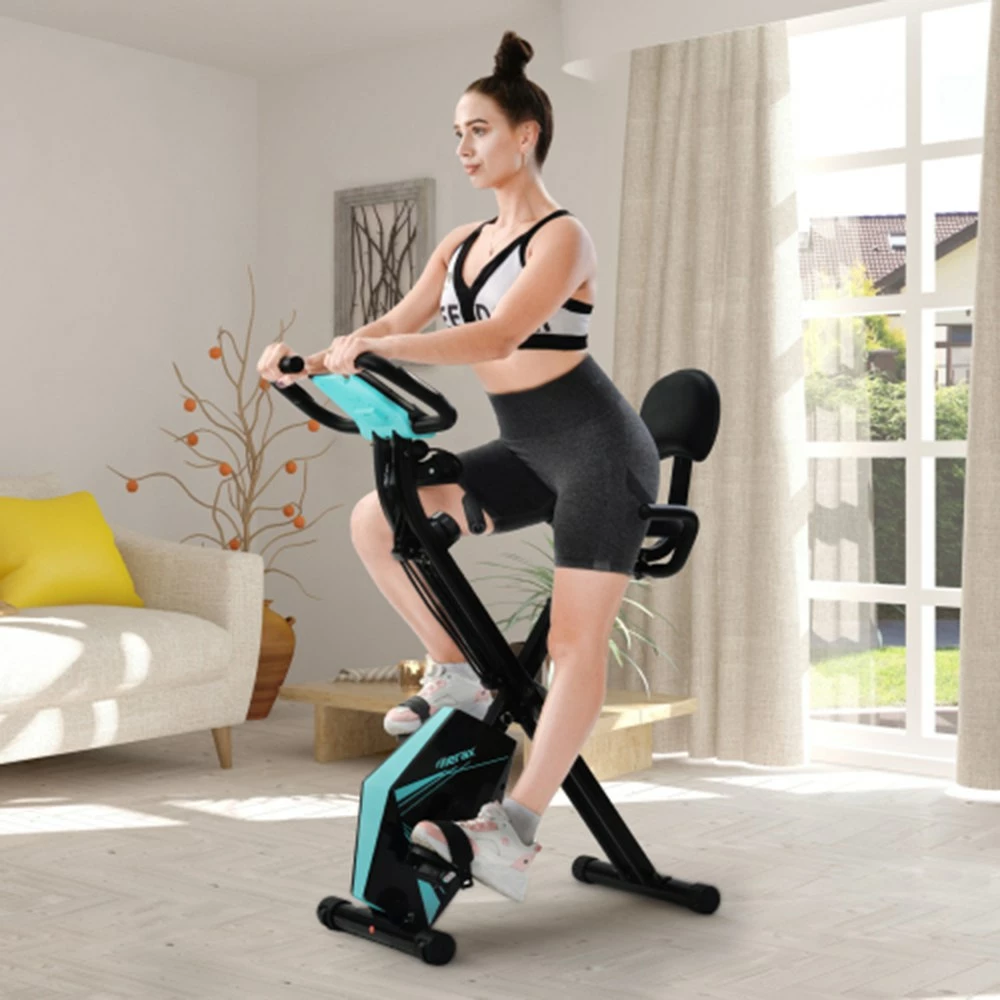 Merax Foldable Cycling Exercise Bike With LCD Screen Adjustable Height And Arm Resistance Bands For Indoor Workout-Blue - Image 2