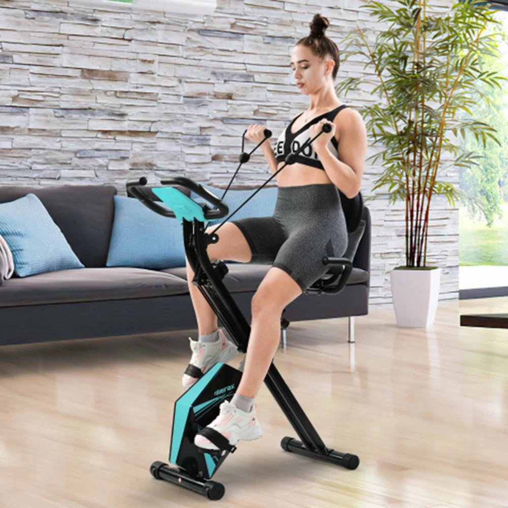 Merax Foldable Cycling Exercise Bike With LCD Screen Adjustable Height And Arm Resistance Bands For Indoor Workout-Blue - Image 4