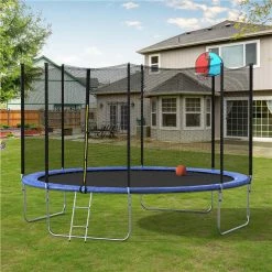 12FT Trampoline With Safety Enclosure Net & Ladder, Spring Cover Padding, Basketball Hoop -Blue