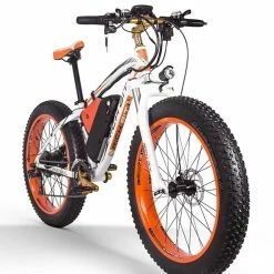 RICH BIT TOP-022 Electric Mountain Bike 26*4.0 Inch Chaoyang Fat Tires 1000W Motor 48V 17AH Battery 35Km/h Max Speed Up To 60km Range Dual Disc Brake LCD Display IP54 Waterproof - White Orange