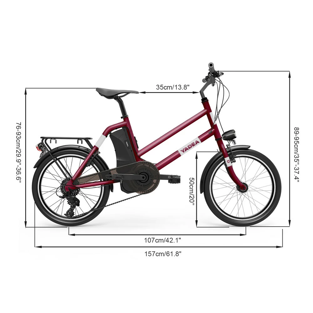 YADEA YT300 20 Inch Touring Electric City Bike 250W OKAWA Mid Drive Motor SHIMANO 7-Speed Rear Derailleur 36V 7.8Ah Removable Battery 25km/h Max Speed Up To 60km Max Range LED Headlight - Red - Image 6